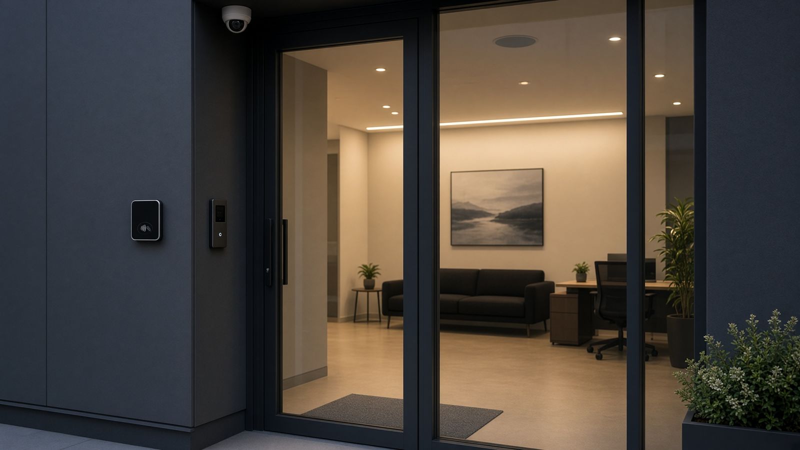 A business door with a card reader, an intercom, a camera, and a ceiling speaker inside