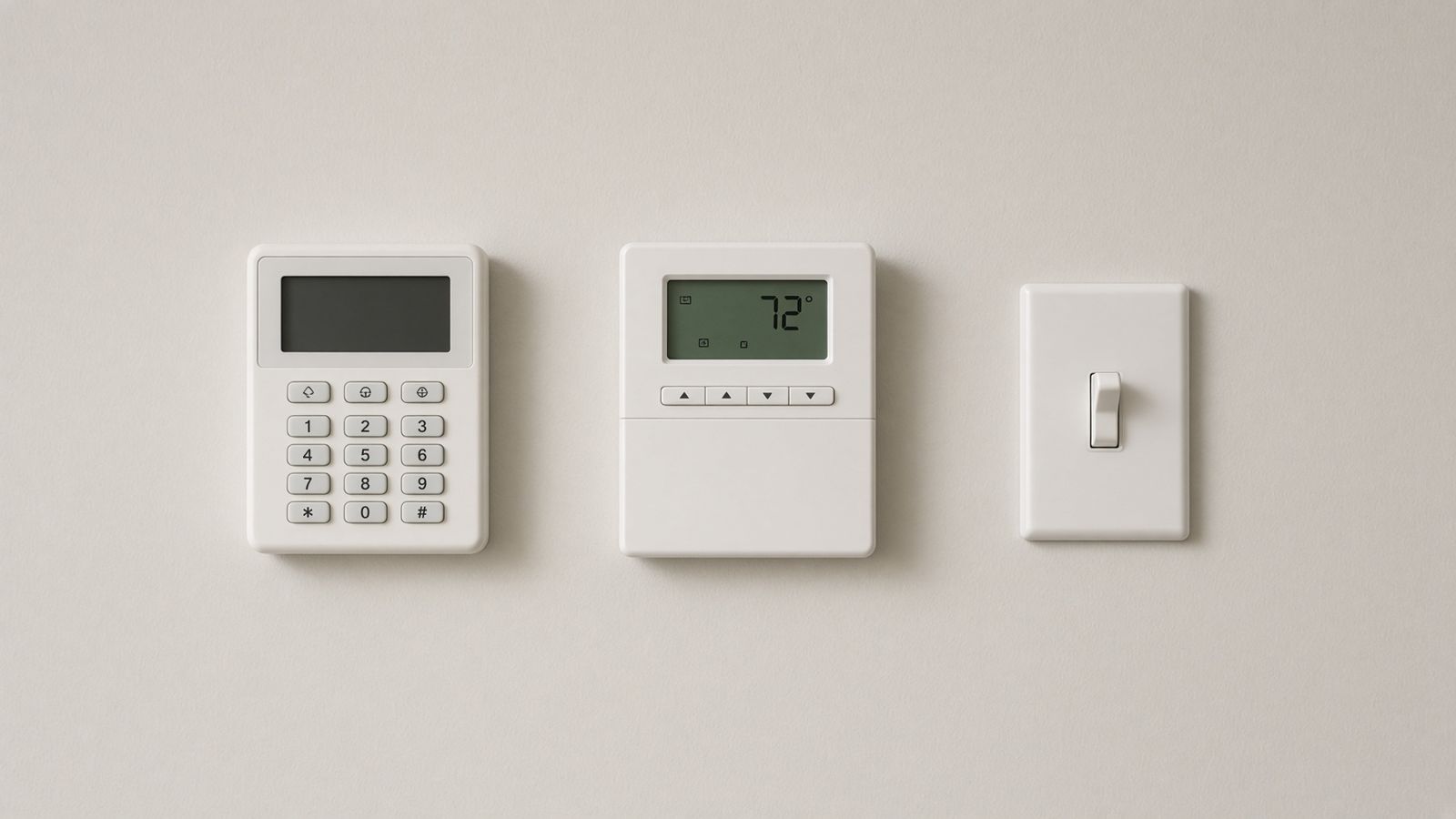 An alarm keypad mounted beside a thermostat