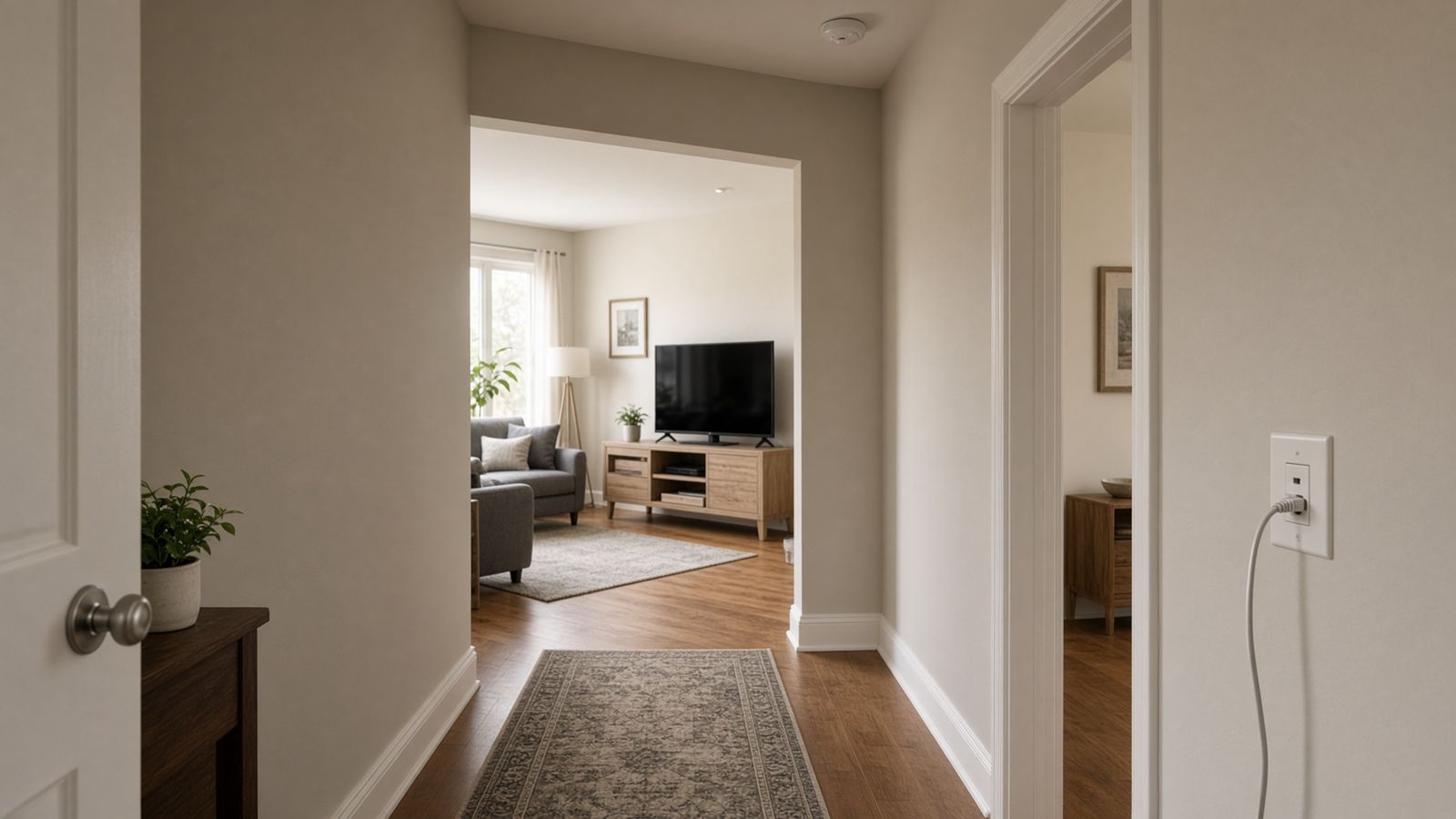 A ceiling Wi-Fi access point, with a television wired to a wall plate